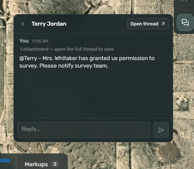 Coms thread on the map - survey permission handed to the crew